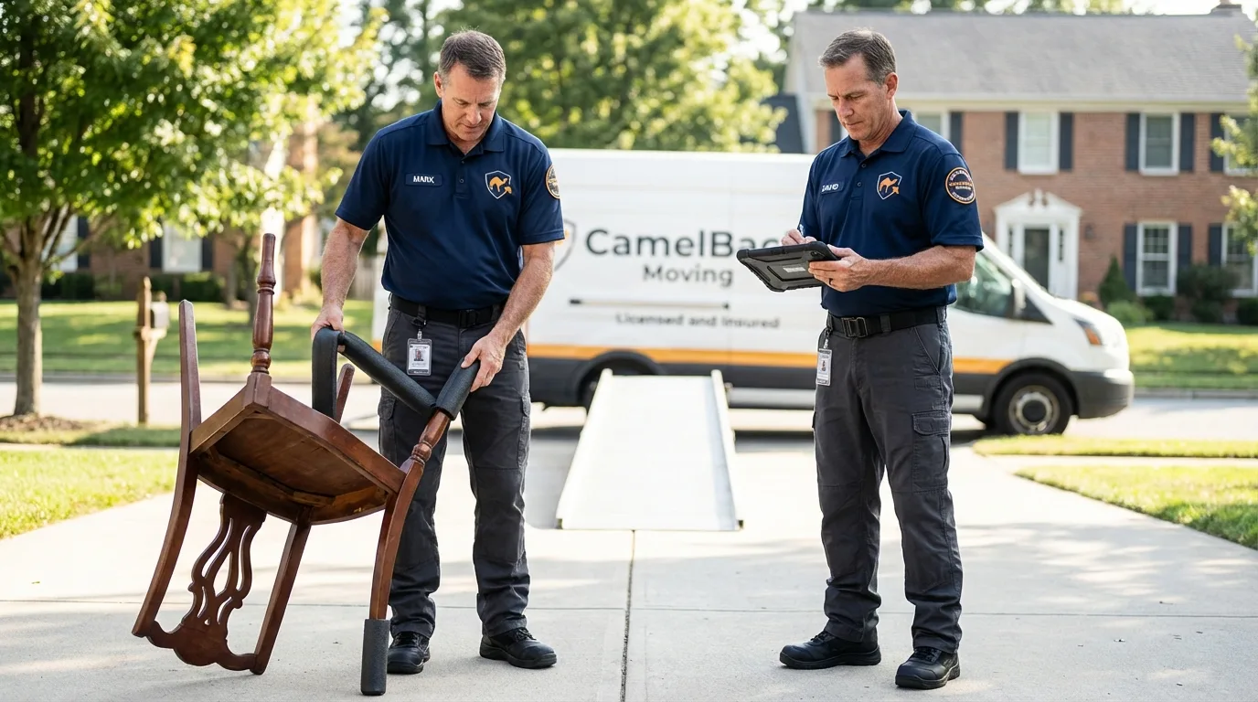 Movers inspecting furniture for damage prevention before loading in Mayfield, KY