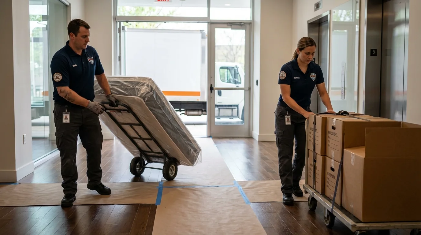 Professional apartment movers loading elevator in Mayfield, KY