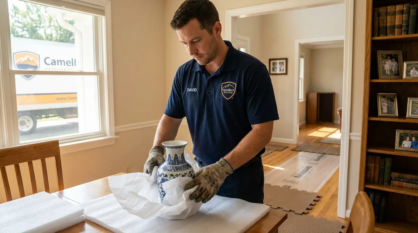 Professional crew carefully wrapping antique vase for senior downsizing move in Mayfield, KY