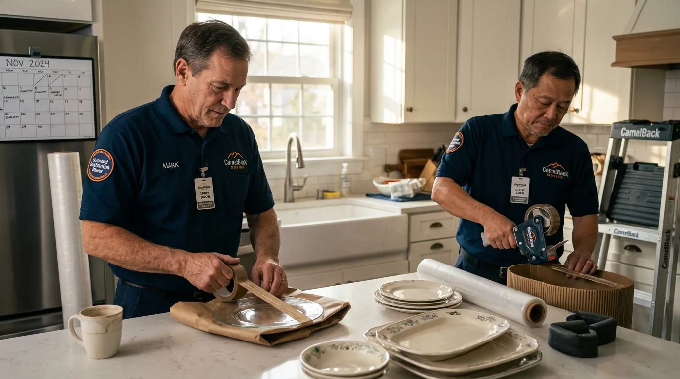Professional crew packing kitchen dishware in Mayfield, KY
